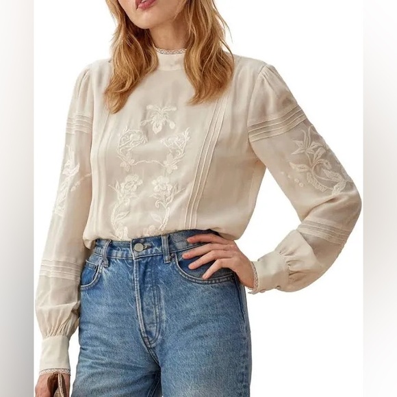 Reformation Tops - Reformation Emme Blouse Ivory Embroidered Long Sleeve, size Small